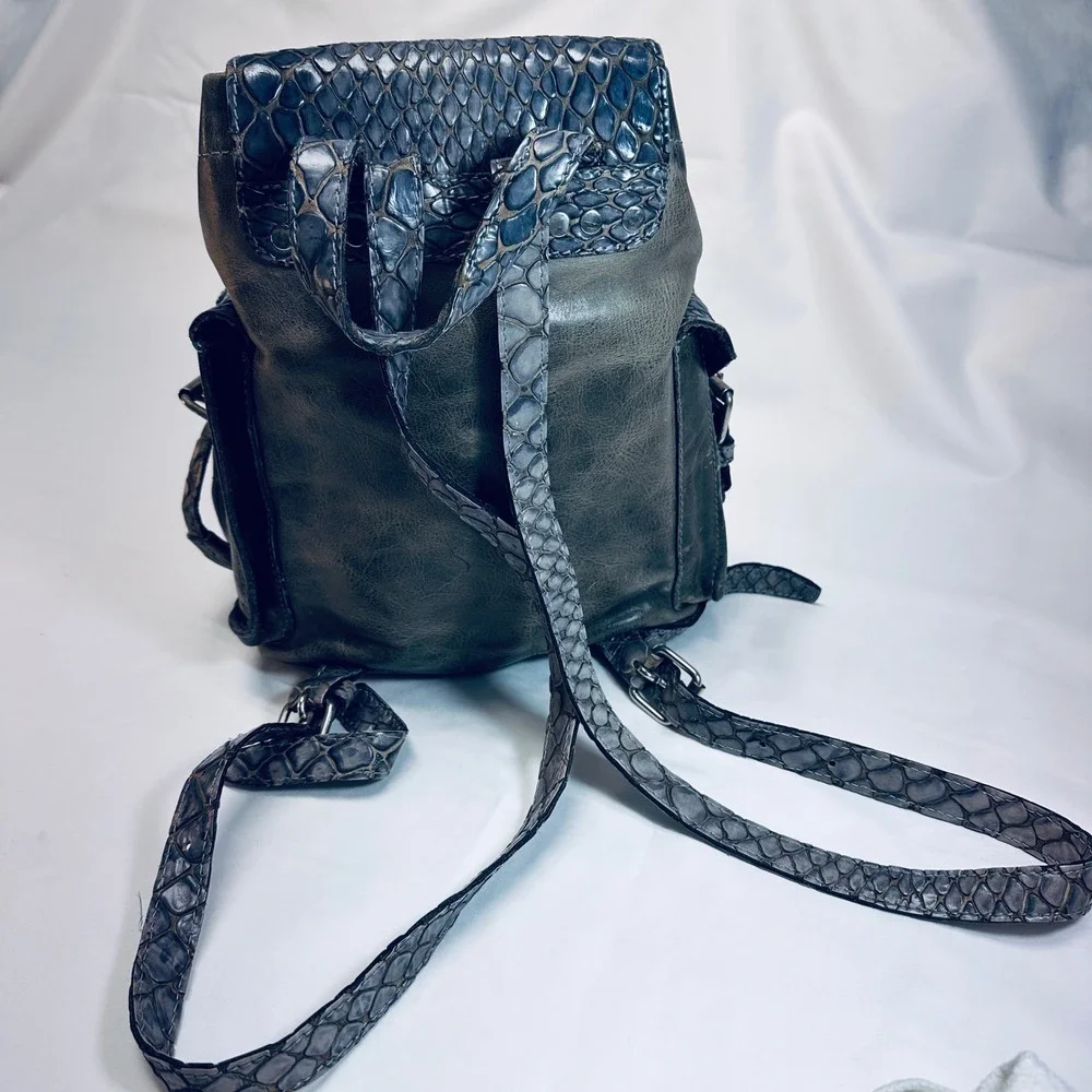 Distressed Leather Mini Backpack Blue Snake Embossed Flap Pockets Buckle Closure
